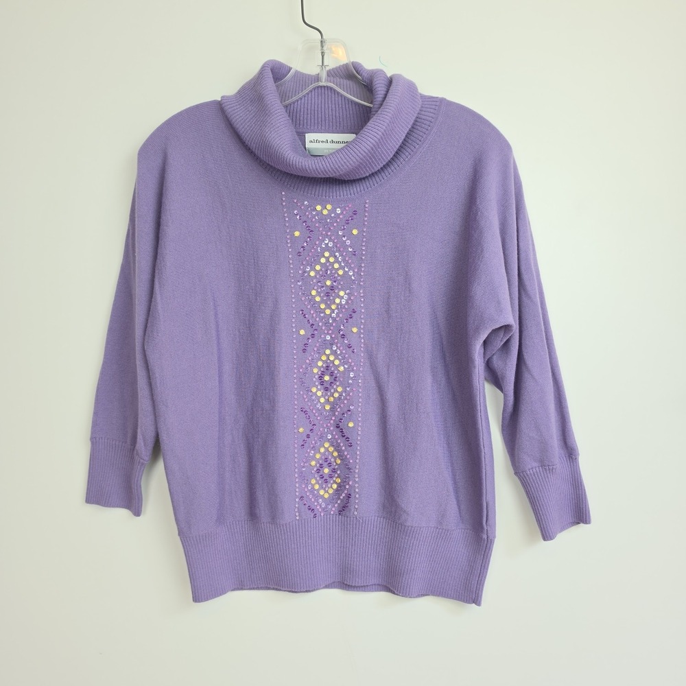 Alfred Dunner Sweater Women's Petite PS Purple Beaded Turtleneck Long Sleeves